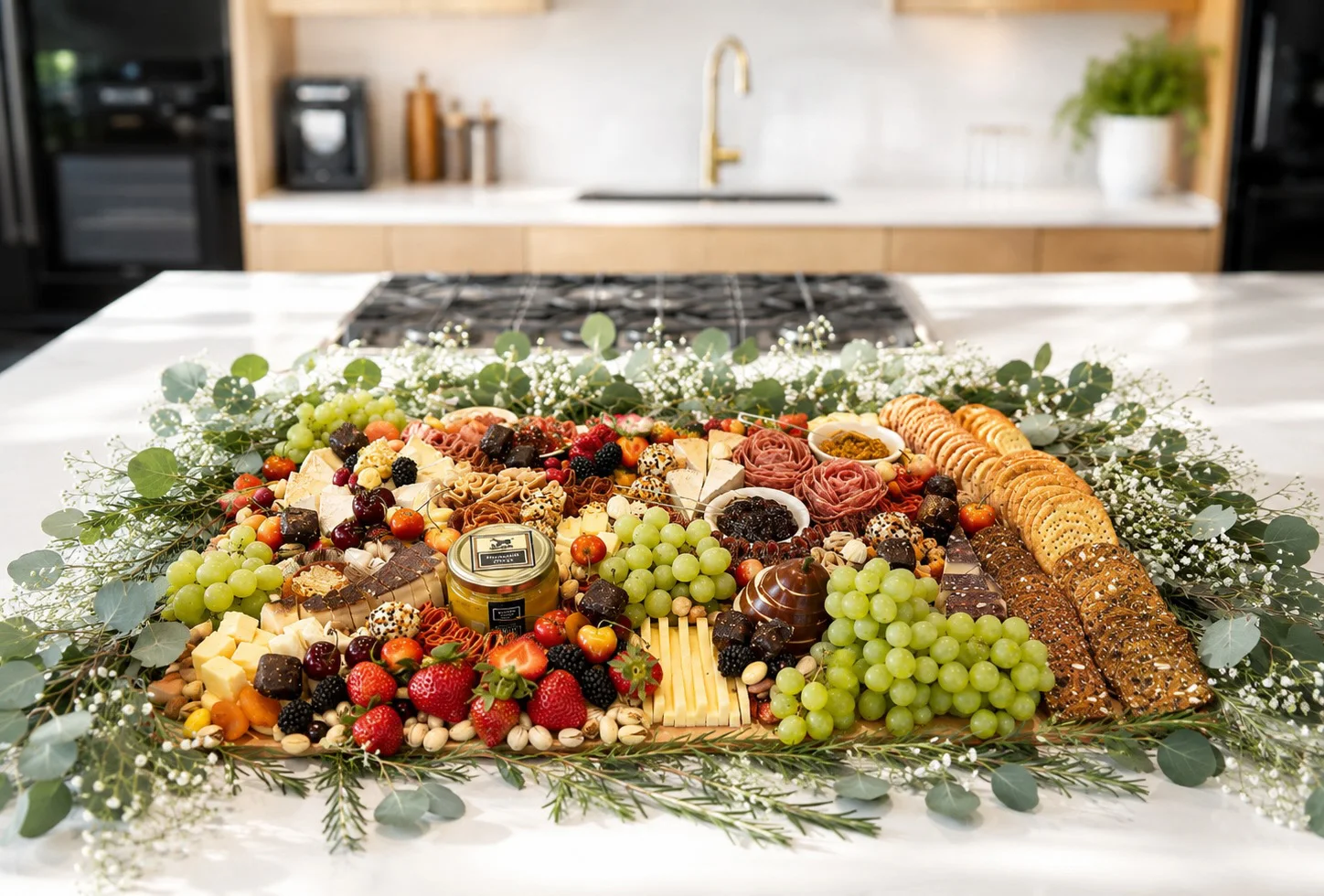 A La Cart grazing table styled with meats, cheeses, fruit, crackers, and greenery